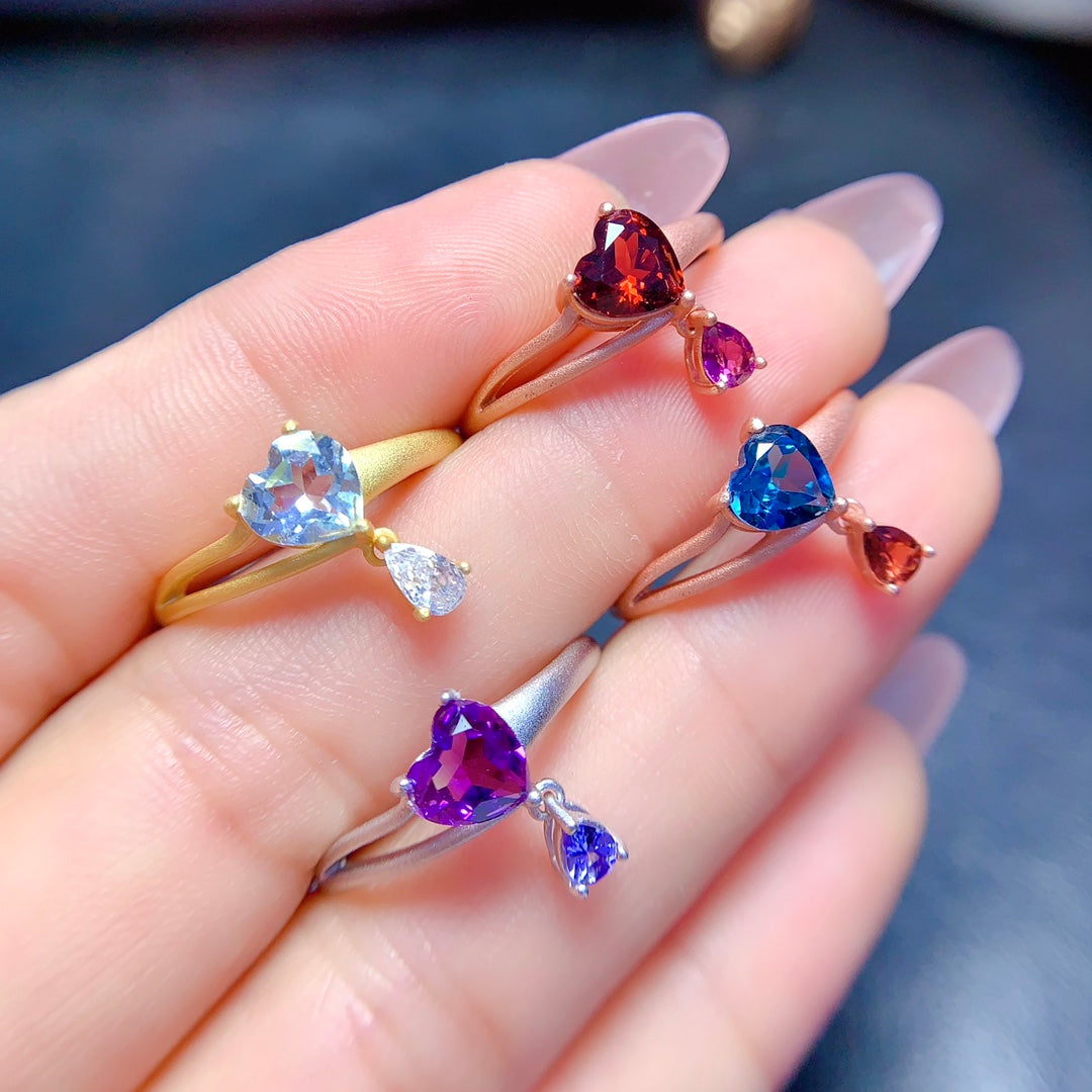 Natural crystal ring, garnet, topaz, moissanite, amethyst