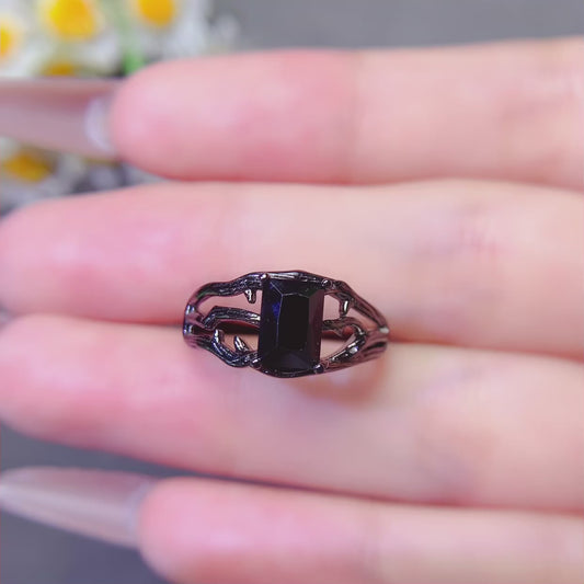 Natural black pointed crystal ring