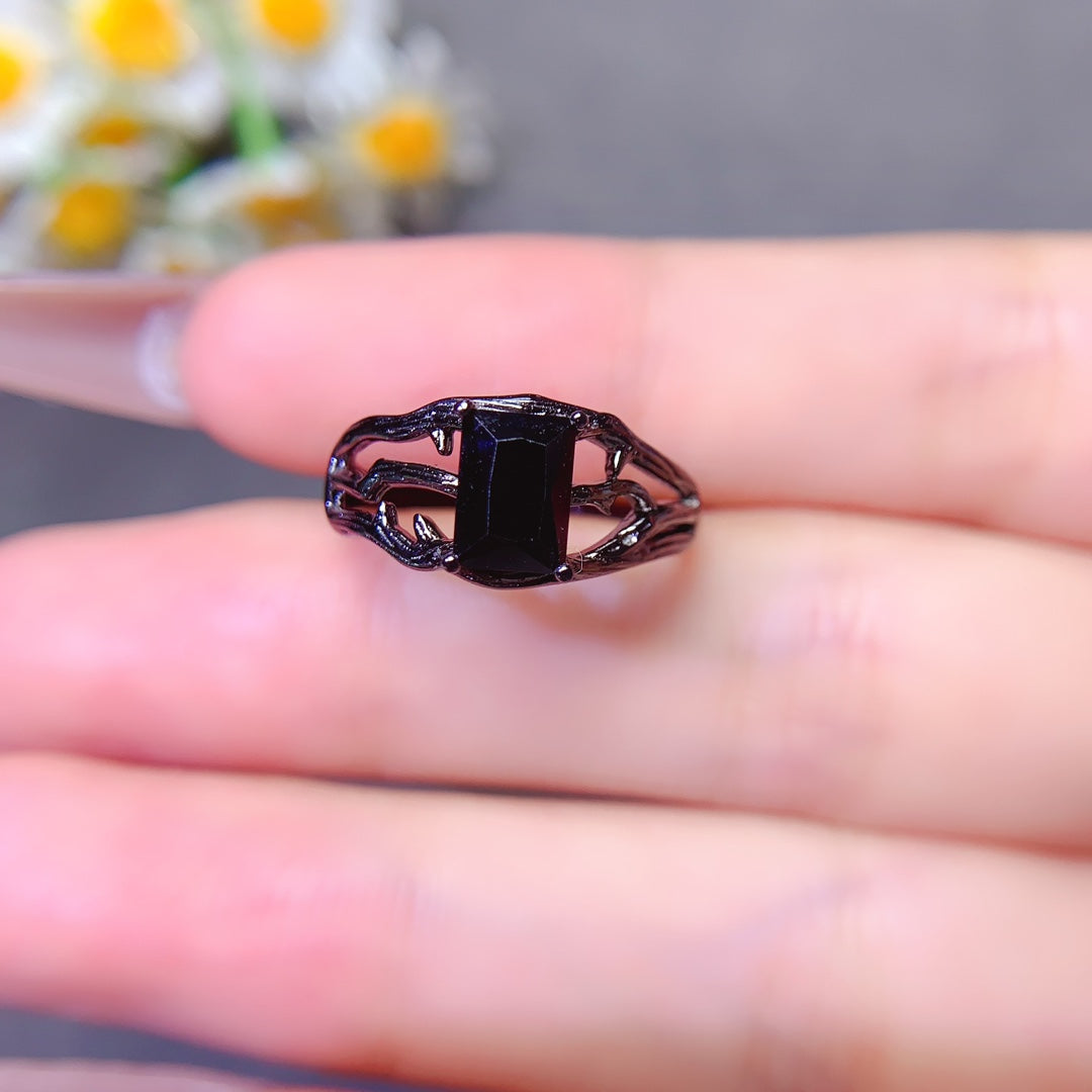 Natural black pointed crystal ring