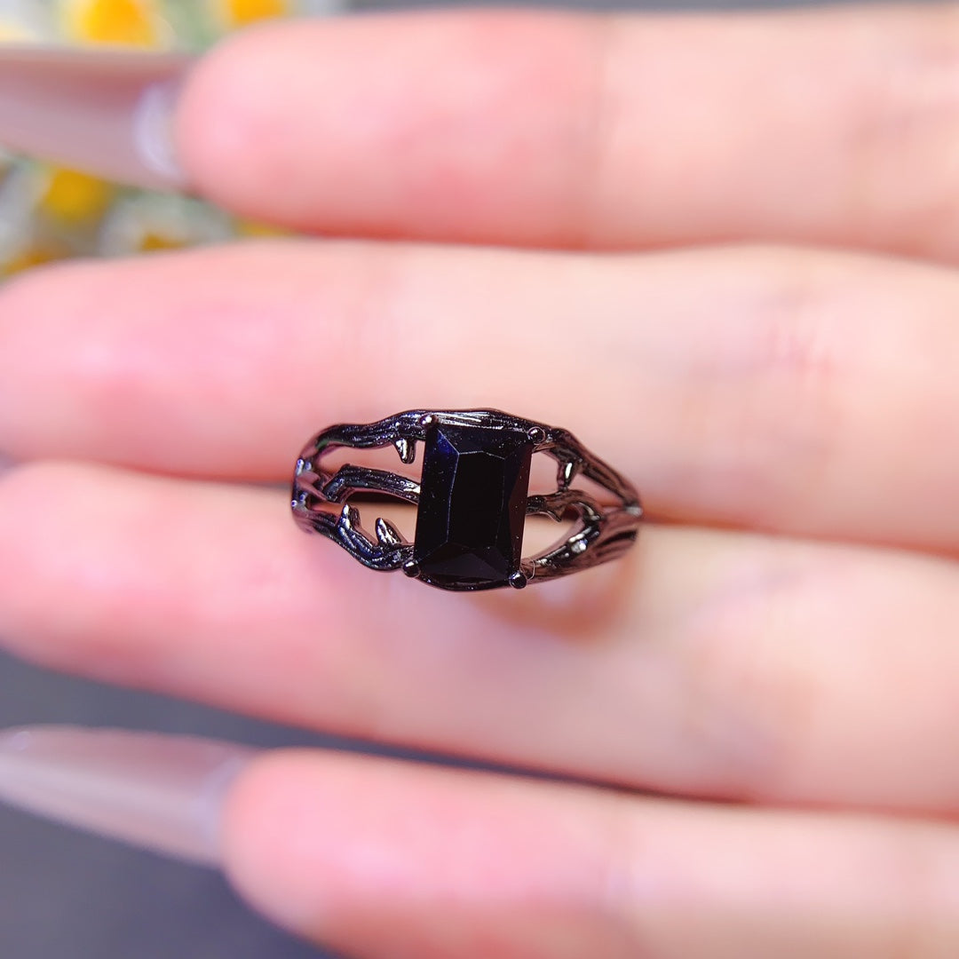 Natural black pointed crystal ring