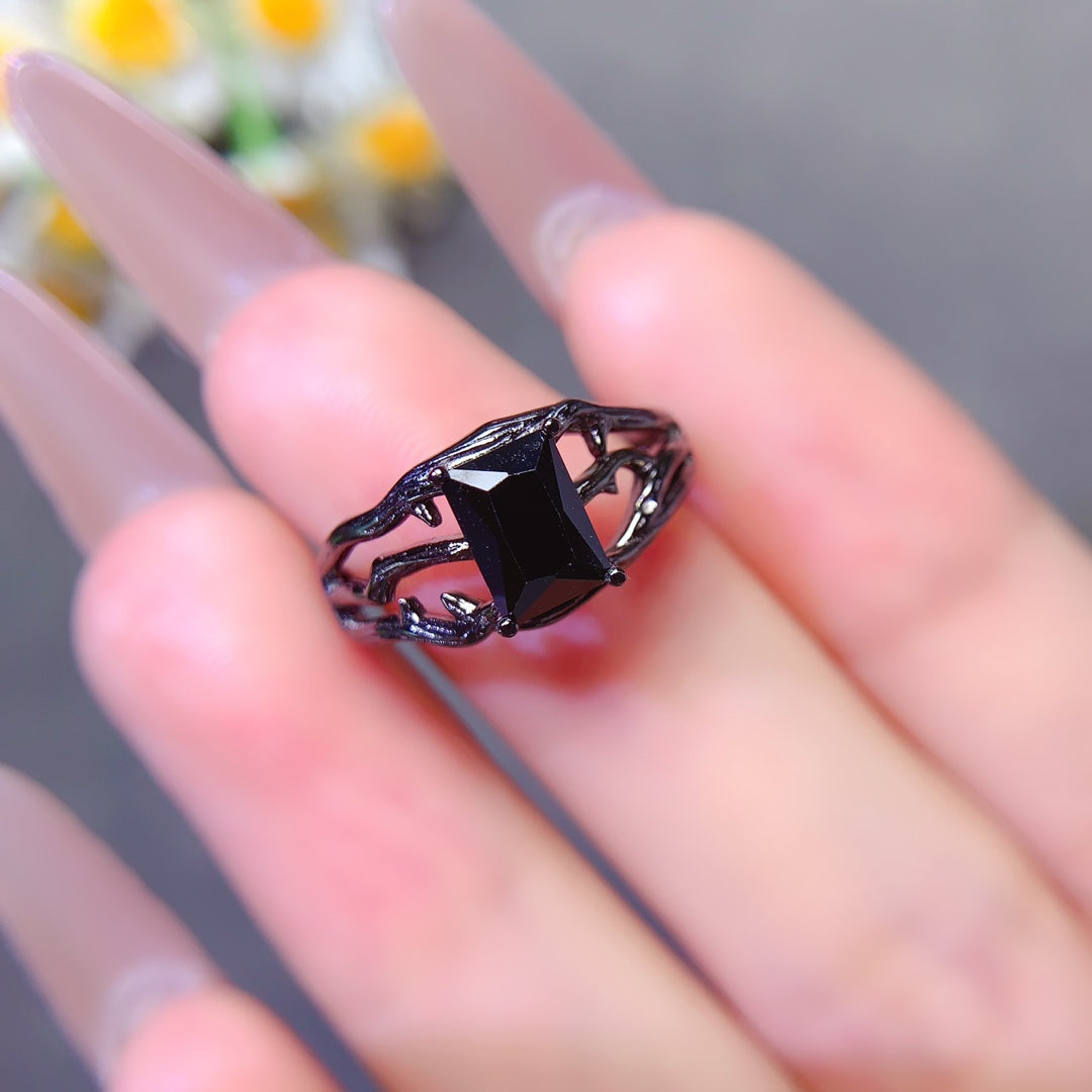 Natural black pointed crystal ring