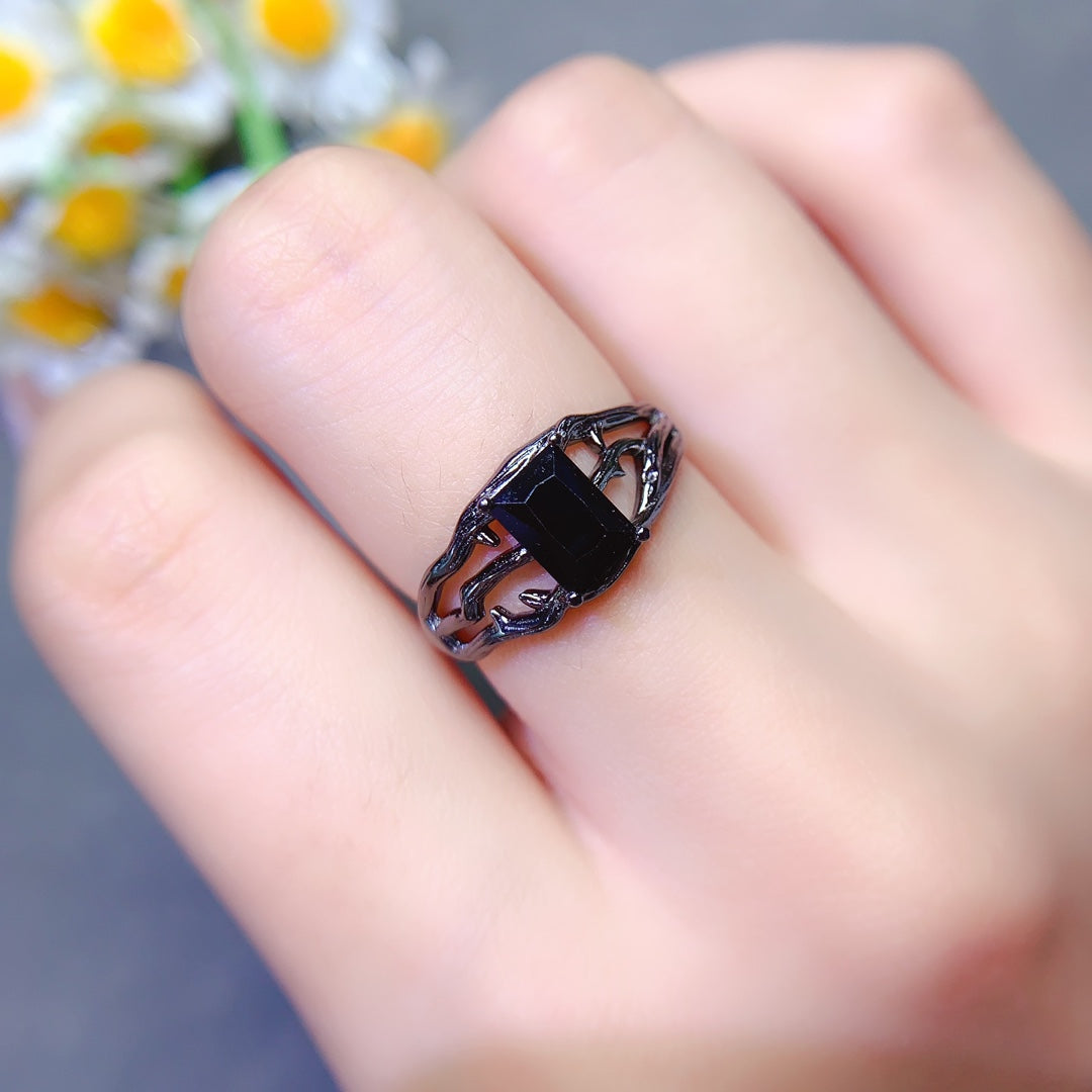 Natural black pointed crystal ring