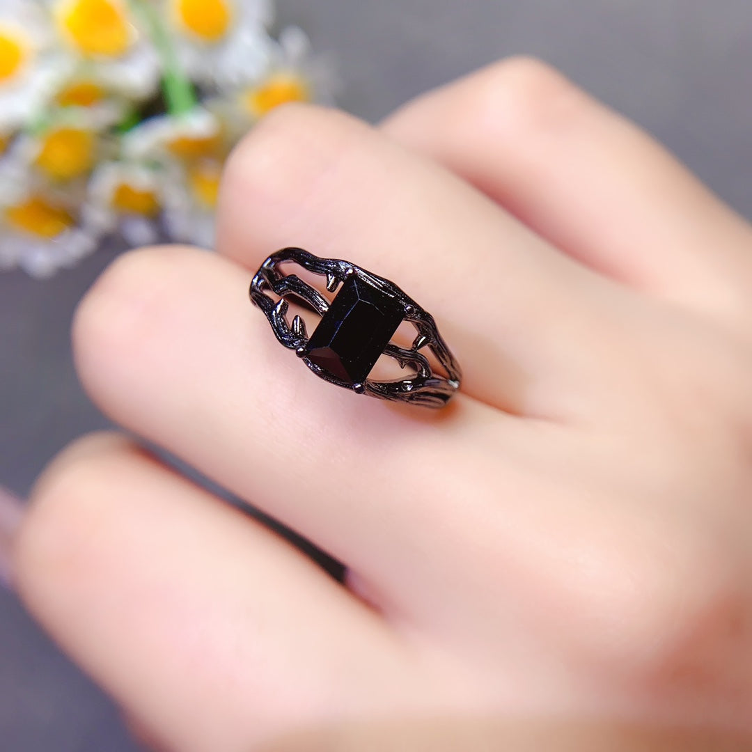 Natural black pointed crystal ring