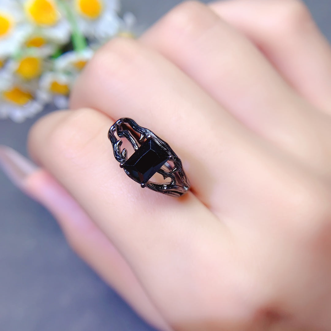 Natural black pointed crystal ring