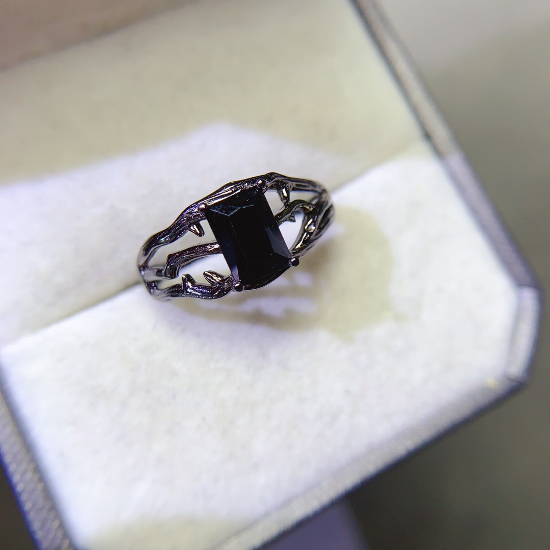 Natural black pointed crystal ring